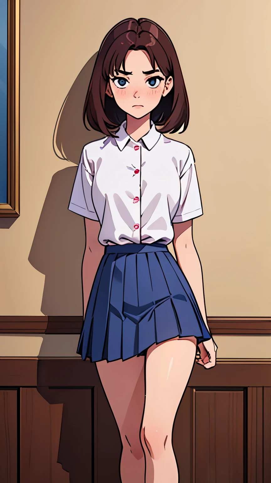 ((best qualityer)), ((work of art)), (detailded), face perfect, cantina, talking with friend, slender 14 year old teenager, (((standing))), (((legs together, Knee flexion))), ((((plain white shirt with buttons)))), (((dark blue pleated skirt))), (((plain pink panties))), (((peak of the raised skirt))), (((skinny thighs))), (((Waist slender))), ((surprise:1.4)), ((blushful:1.3)), chestnut hair, hypdertailed