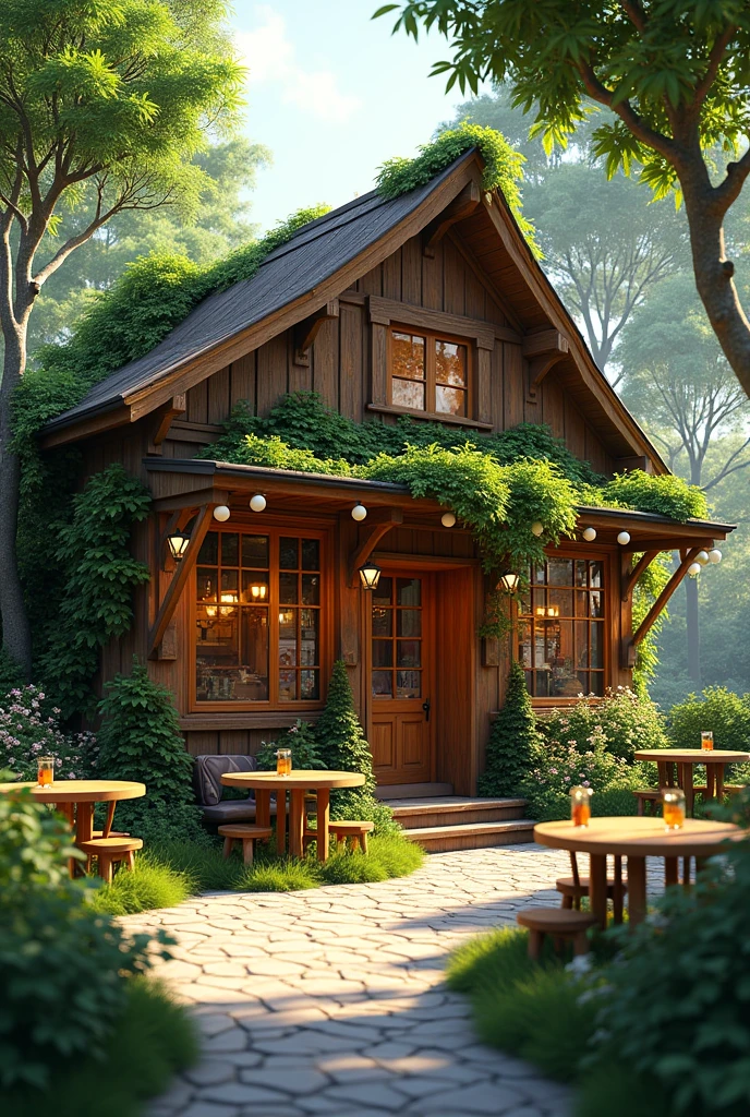 Wooden restaurant with vegetation