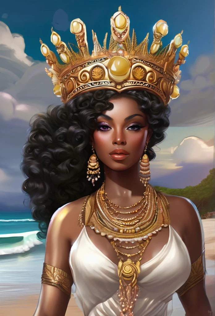 (((King Yemanjá / GOD )))on a SKY a bright light, Sorceress, beautiful female sorceress, (( Yemanjá UHD ))) With a beautiful crown of shells and pearls, volantes+ribbons+detailed in tone , It should look charming and beautiful, Keep the iconic elements of the original character. King GOD must have a sensual round face with large dimensions, clear eyes, long eyelashes and rosy cheeks. Your hair should be in great black tones . Elegant like a king : Vista-se Chibi em um luxuoso e elegante vestido com detalhes standingrolas dourada . He wears a veil on the shore, The character&#39;s costume is a beautiful light blue lace dress. . standing, . Magic Accessories: Add charming accessories to the chibi, shell necklaces and earrings .Be sure to add shadows, textures and details in the hair, God accessories, to make you even more charming and charming. Give him a smiling expression and a smile on his face, Capturing the essence of the character in a subtle way, Delicate hands,( beach scenery, deep surrealistic landscape, king  Yemanjá  and its mermaids ) 16KPensativo, Cabelo branco, Fundo simples, Capuz, Barba, 