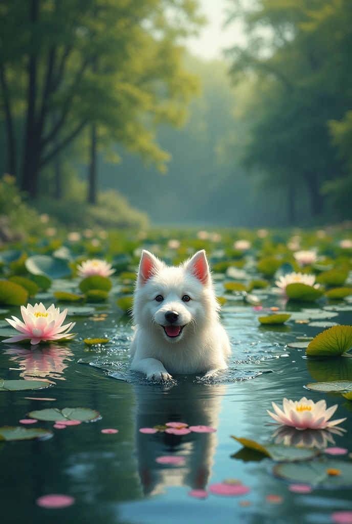 The image is of Monet's water lilies in the middle of a lotus pond with a white dog swimming in the middle of the pond towards the shore. The white dog shows a happy expression. Monet's painting style.