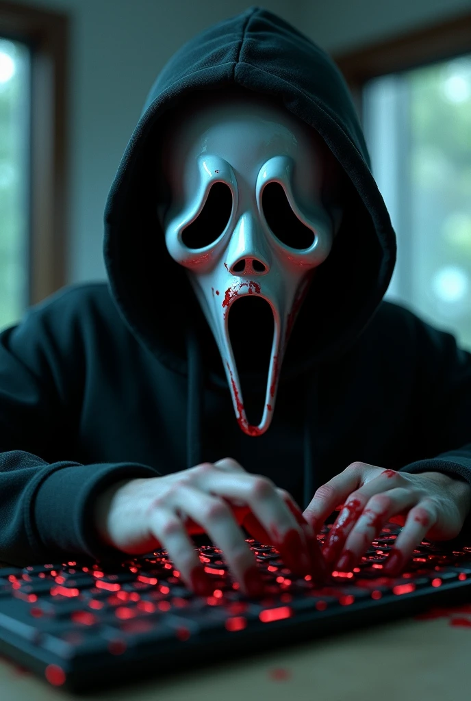 Computer camera looking like ghostface (masculine) he types on the keyboard with the mask full of blood.