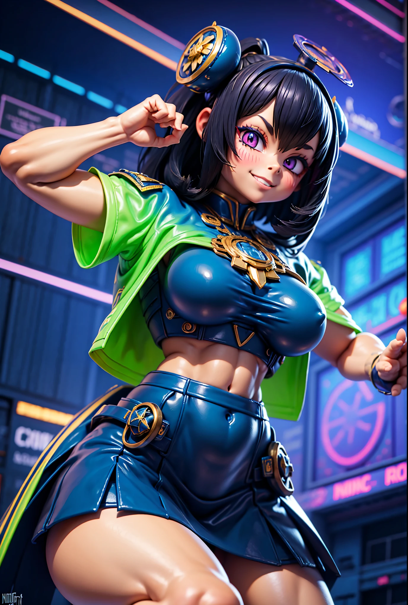 Digital painting of a girl with royal blue and black hair, hero, Muscle Girl, frying, Pause, Raise your fist, From above, 1 Raise your knees, Behance Contest Winner, Afrofuturism, Synthwave, neon, glowing neon, Huge saggy breasts,cape,highschool skirt,((cute smile)),