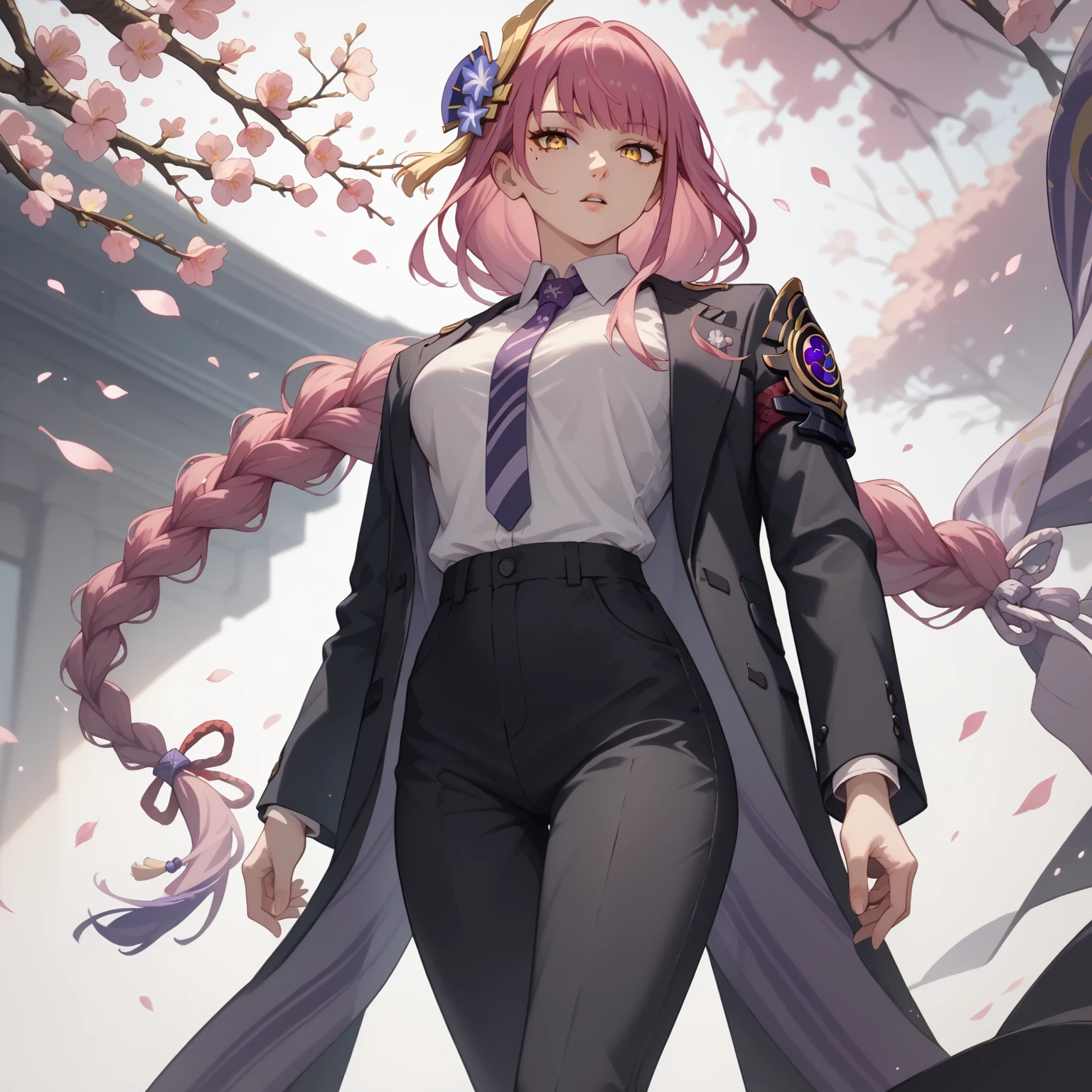 looking at viewer,parted lips,
solo,
Makima,1girl,pink hair,braid,yellow eyes,
medium breasts,
black suit,necktie,
black pants,raiden_shogun_ckxl