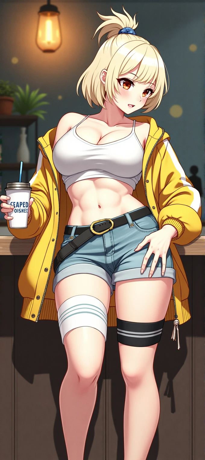 Tomboy with pale skin and blonde hair, without clothes with very big tits from which a lot of milk comes out