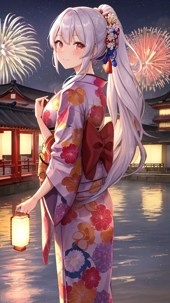 Masterpiece, Best quality, 4K, (an anime-style illustration of a girl at a summer festival by the riverside, watching fireworks from behind), kimono with intricate patterns, detailed hair, long white hair in a ponytail, delicate smile, traditional Japanese setting, night scene, lanterns and festival stalls in the background, serene atmosphere, soft lighting, (vivid colors:1.2), (fireworks reflecting on the river:1.1)