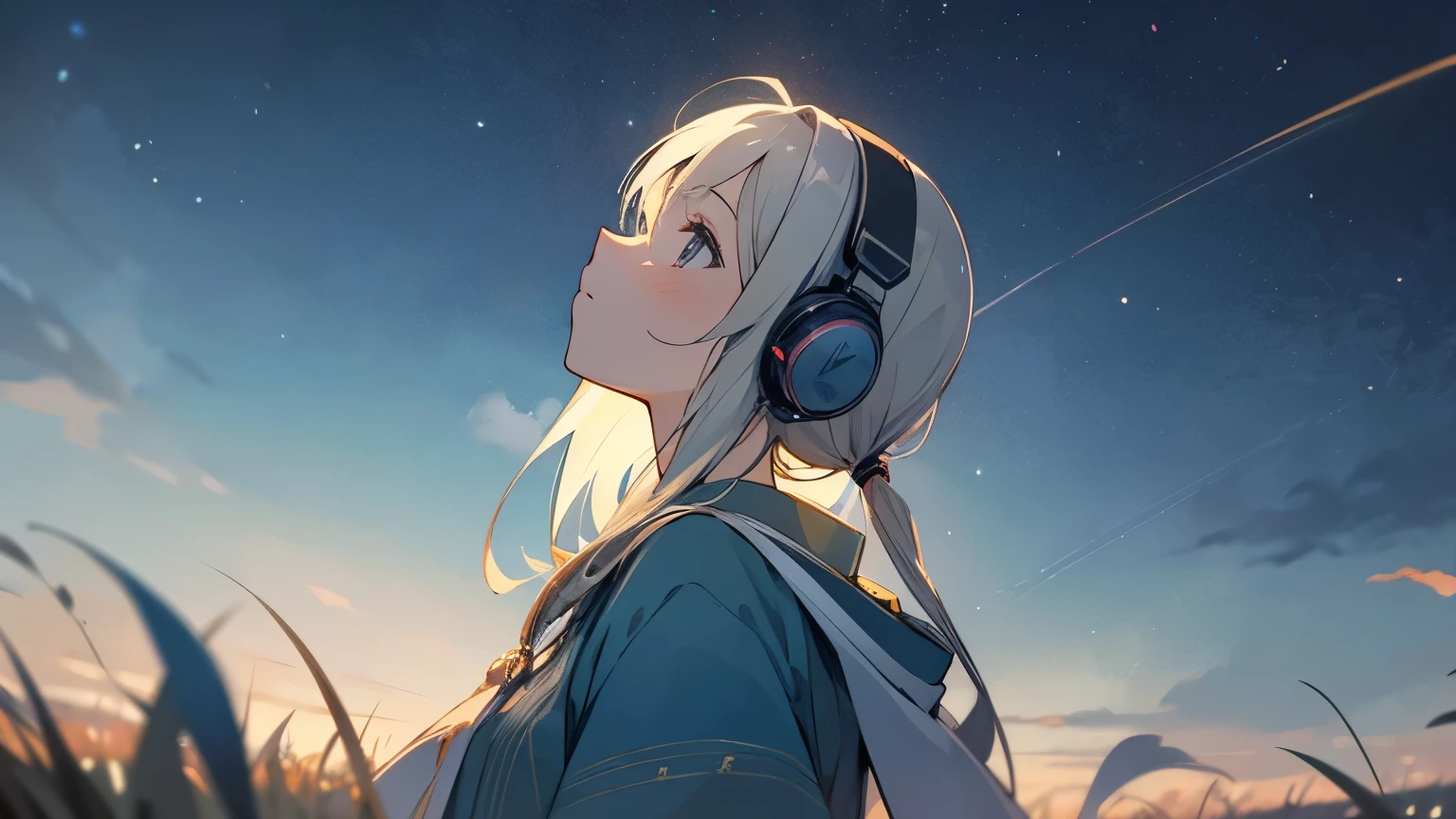 Looking up at the starry sky on the grassland、Beautiful girl listening to music through headphones、Japanese anime style、From the side