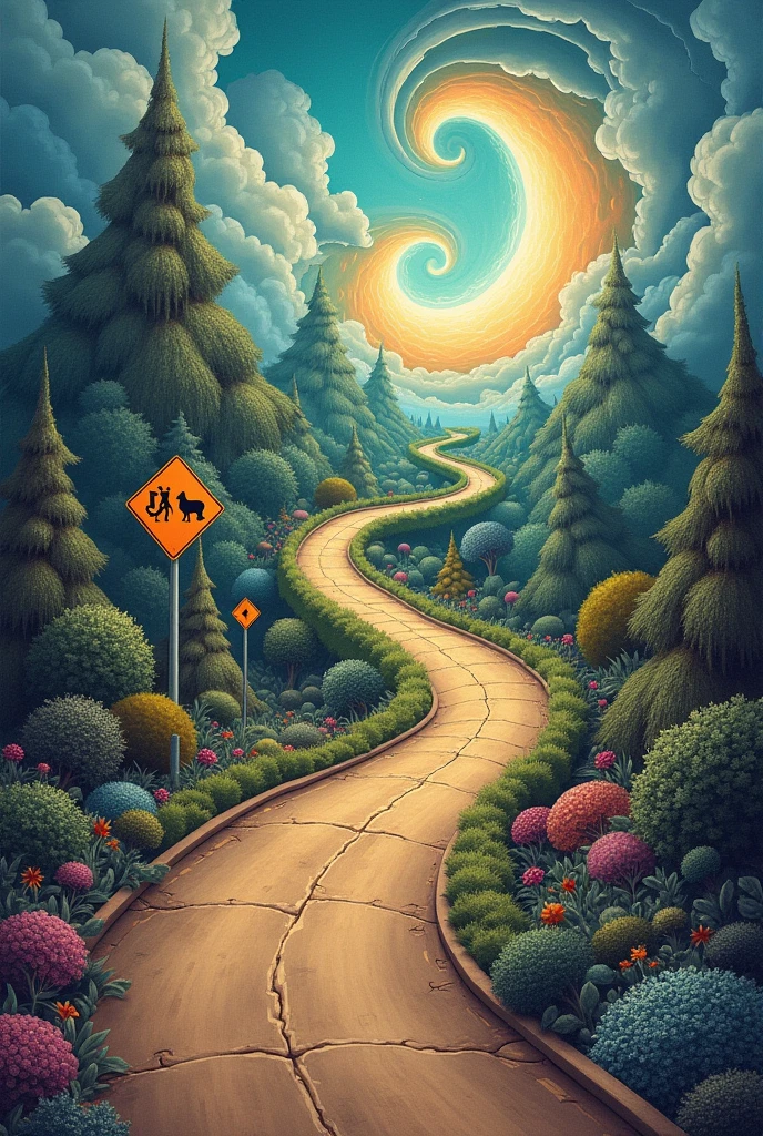 Draw a winding, labyrinthine road stretching into the horizon, inspired by the whimsical and surreal style of 'Alice in Wonderland.' The road should twist and turn unpredictably, with exaggerated, almost cartoonish curves that defy logic. Add quirky, oversized objects along the way, like teapots or playing cards, that seem out of place. Use vibrant, yet slightly unsettling colors and dramatic, surreal lighting to create a dreamlike, distorted effect. Include strange, distorted road signs with playful yet eerie text. Surround the road with fantastical, twisted trees and bizarre plants that evoke both wonder and paranoia, set under a sky with swirling, ominous clouds."