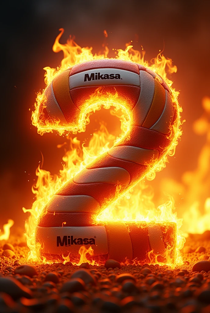 Image of a Mikasa volleyball on fire background With the number 2 in large relief With the phrase control of friends&#39; volleyball in the upper center of the image 