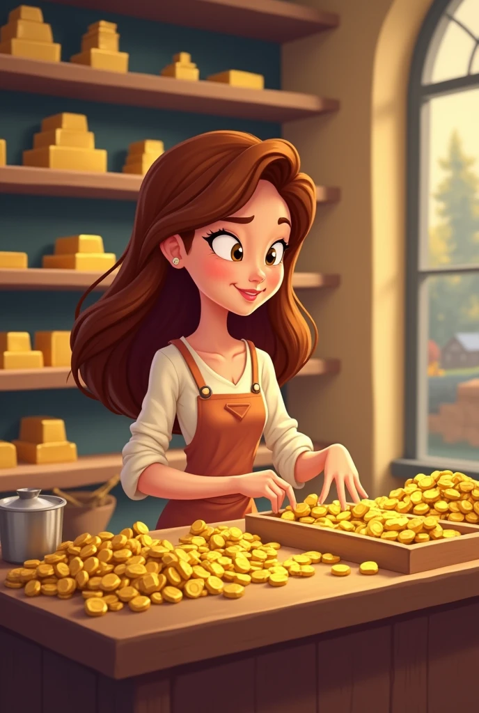 Cute lady is in a gold shop trying gold in cartoon version