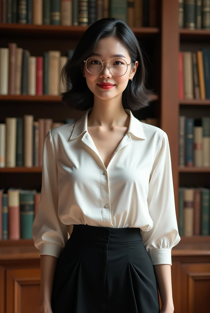 (Highest quality、Tabletop、8k、Award-winning works、Ultra-high resolution、Best image quality)、(One mature 40 year old Japanese woman:1.1)、(White polyester sleeveless、Open blouse with buttons:1.3)、(Elegant black tight skirt:1.1)、(Huge breasts:1.4)、(Cleavage:1.3)、(Elegant round glasses:1.2)、library、(Standing Elegantly:1.1)、(Strongly blurred background:1.1)、Stand next to a bookshelf、(Perfectly organized bookshelf:1.1)、Bookshelf in the background、居心地の良いlibrary、lipstick、Long eyelashes、Heavy makeup、Perfect Makeup、Colored contact lenses、Accentuate your body lines、Big ample breasts、Soft and warm lighting、Detailed bookshelf、(Ultra-high resolutionの正確な美しい髪:1.1)、(Accurate anatomy:1.2)、Ultra-high definition beautiful eyes、(Super bright and radiant skin:1.1)