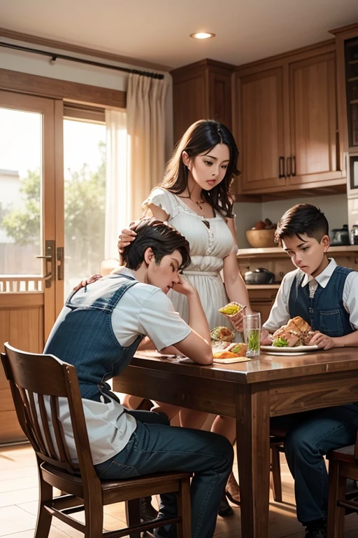 family eating lunch, mom and son, son sitting fron of mom, Mother's back side will be seen son's front side will be seen