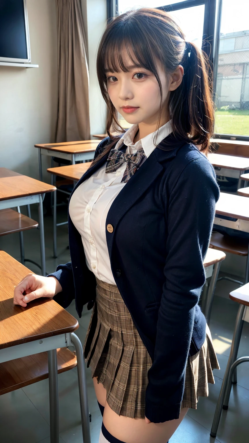 masterpiece, best quality, illustration, Super detailed, fine details, High resolution, 8K,wall paper, perfect dynamic composition,(Details High quality, realistic depiction of eyes:1.3), from side, High School Classroom、High school girl uniform、blazer 、Super Short Check Uniform Skirt、Navy blue high socks、garterbelts、plump breasts, Disturbed uniform, (updo:1.2), black hair color, large breasts, Big Natural Color Lip, bold sexy pose, (perfect body shape), crying a little、20 year old girl、cute type, beautiful legs, hposing Gravure Idol, Voluptuous thighs