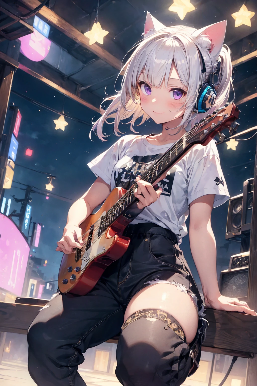 realistic, 1 girl, white hair, purple eyes, glowing eyes, bikini top, bikini, parted lips, rosy cheeks, night, flower, sun, sunshine, big boobs, seductive