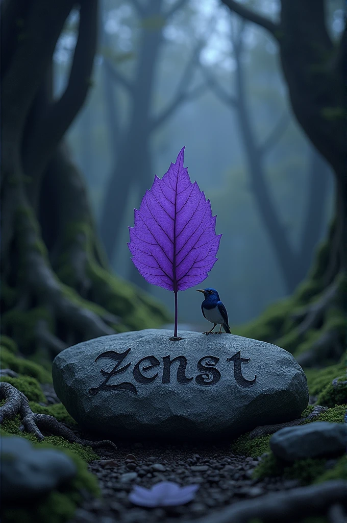 Foret sombre feuille violet pur au milieu il ya ecrit zenst en texture pierres enrouler par des racines et de la mousse un oiseau et poser