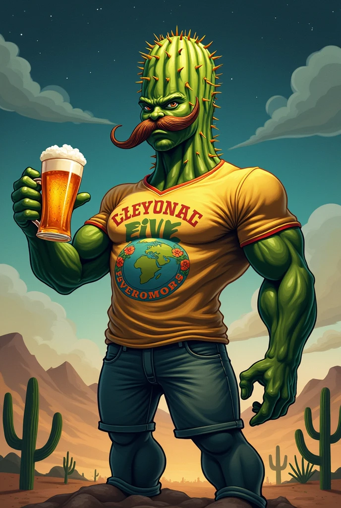 Muscular cactus in environmental shirt and mustache holding a beer mug