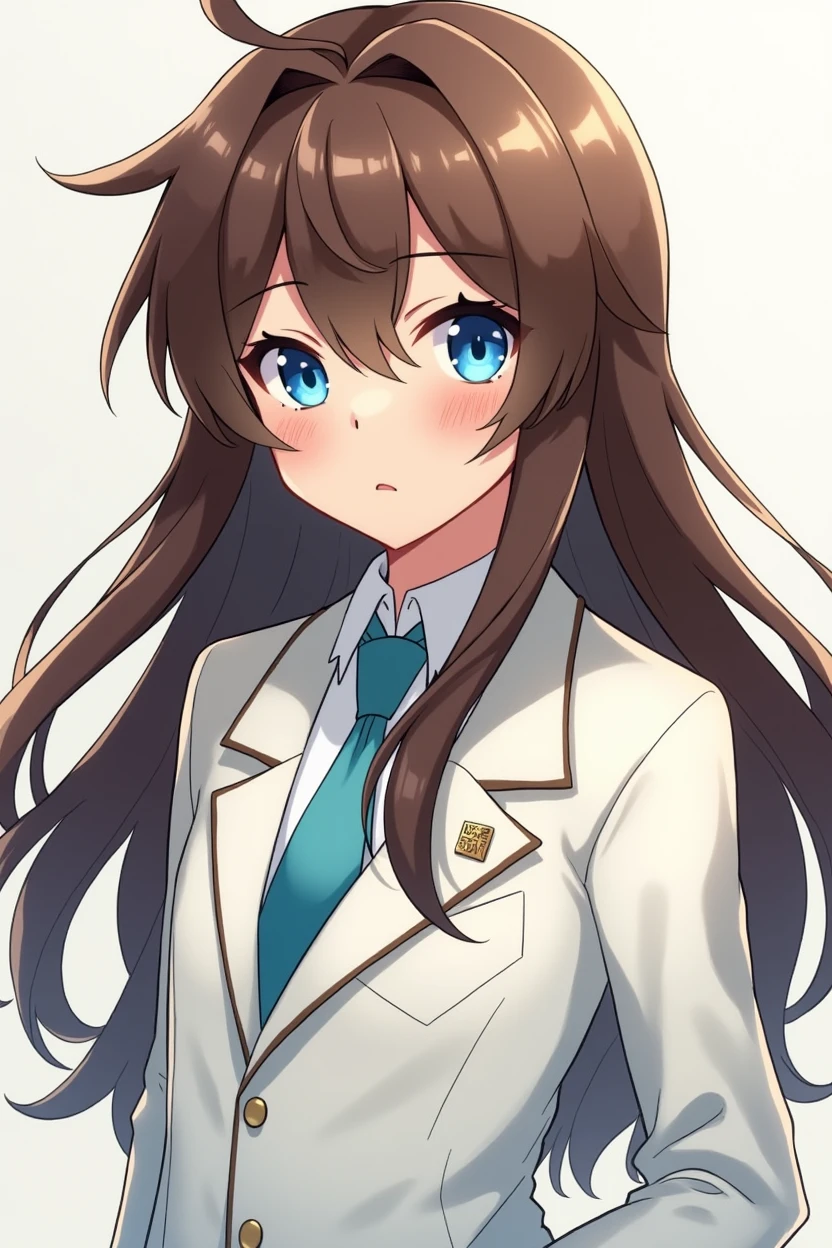 Anime boy with long brown hair wearing a white suit with blue eyes , impatient genshin style