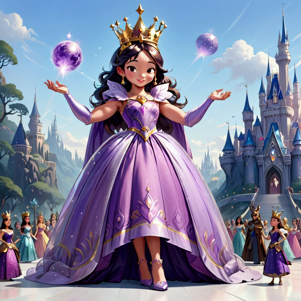 araffe princess in a purple dress with a crown and a crown on her head, princess intergalactica, princess of amethyst, disney concept art, rendering of beauty pageant, lovely queen, evil princess, dressed as a queen, jen bartel, queen and ruler of the universe, angus mckie, hyperborea princess, smiling as a queen of fairies