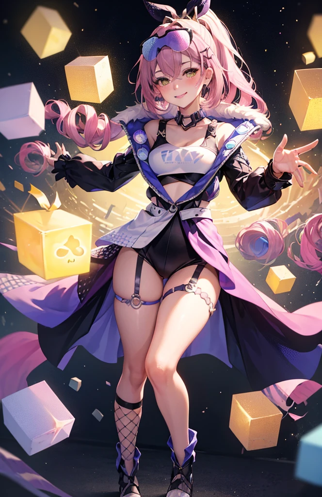 a full-body portrait of beautiful female anime character, in the style of light gold and pink, intricate details, 8k uhd, long hair, pink hair, jewelry, bangs, hair ornament, earrings, yellow eyes, long sleeves, shiny, blush, leotard, smile