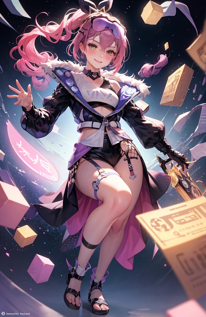 a full-body portrait of beautiful female anime character, in the style of light gold and pink, intricate details, 8k uhd, long hair, pink hair, jewelry, bangs, hair ornament, earrings, yellow eyes, long sleeves, shiny, blush, leotard, smile