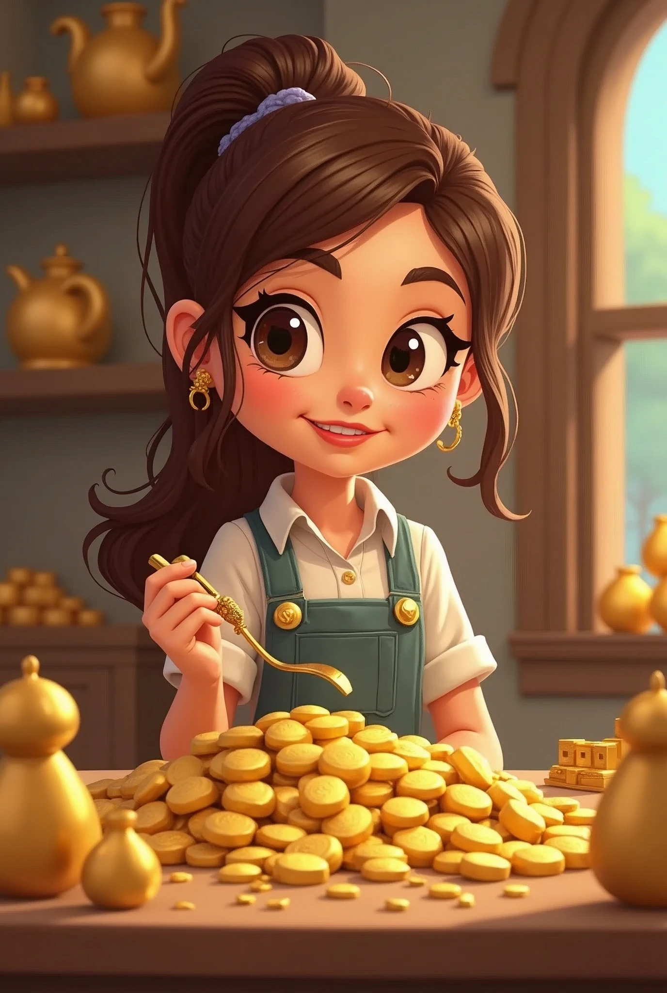 Cute lady is in a gold shop trying gold in cartoon version