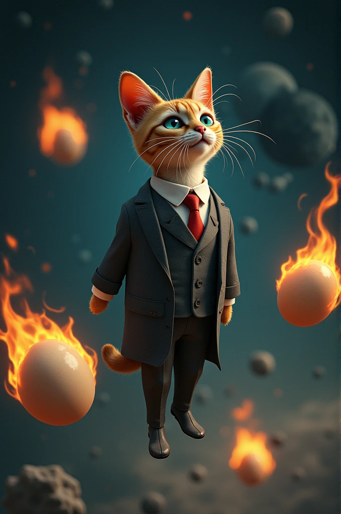 A cat in a suit floating in space with three eggs on fire around it
