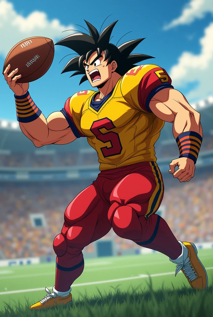 Anime American football player wearing a yellow and red jersey and without a helmet catching a football in Dragon Ball style 