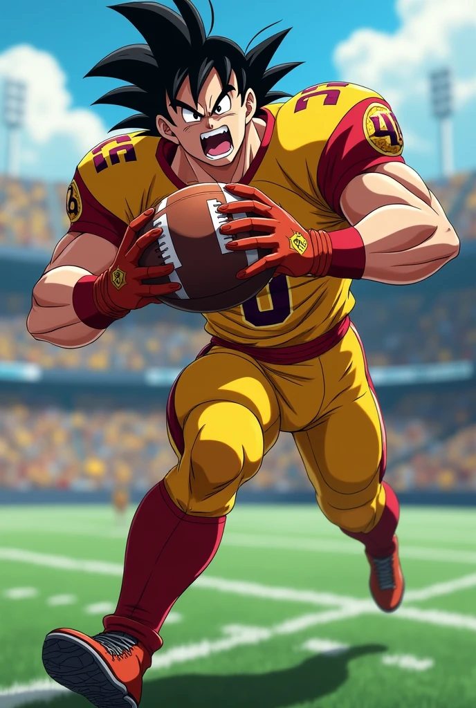 Anime American football player wearing a yellow and red jersey and without a helmet catching a football in Dragon Ball style