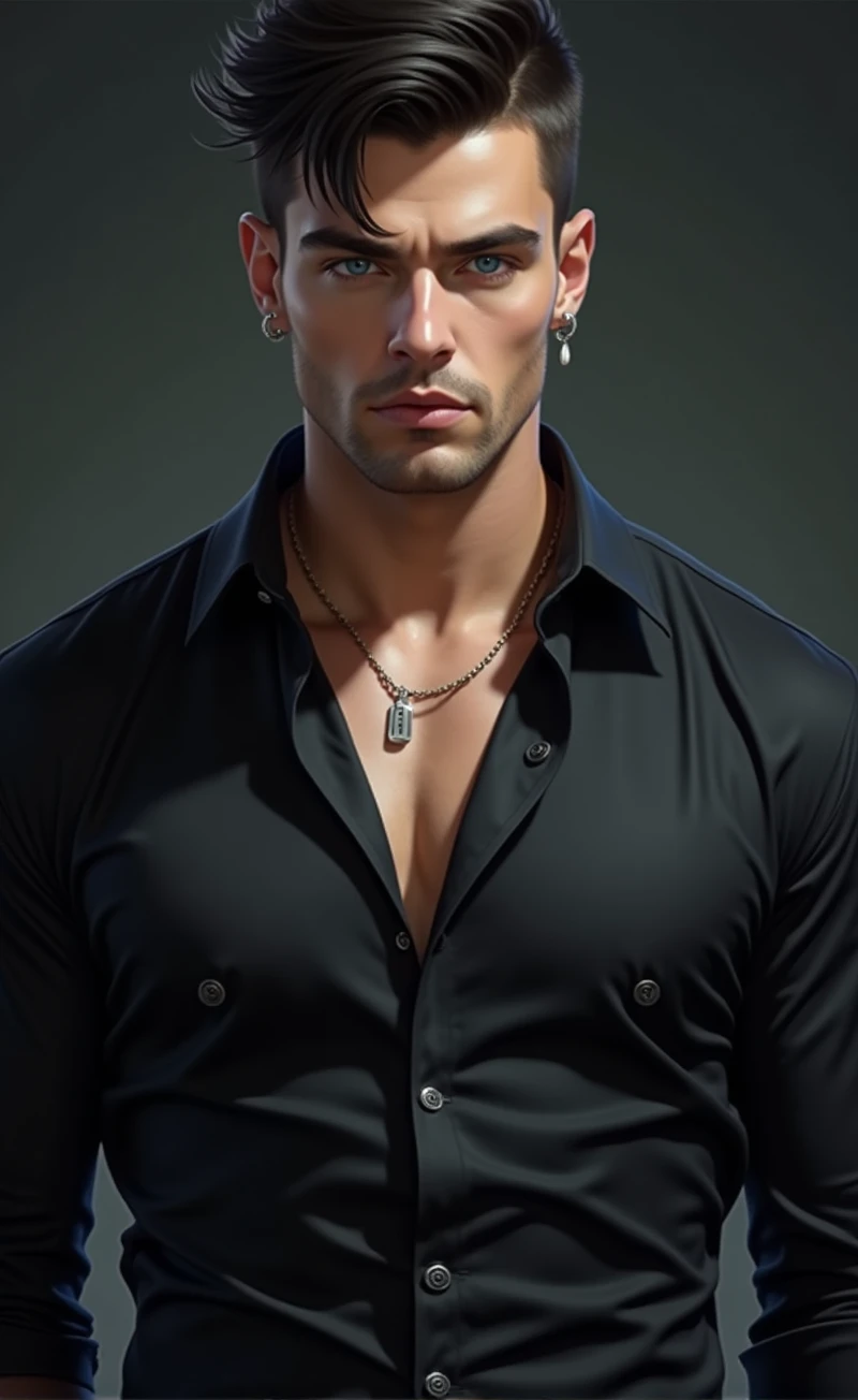  ice blue eyes, black styled hair, Wide body, the black shirt with two open buttons at the top and rolled up sleeves gave him an attractive, but also dangerous appearance. A striking face, which was characterized by a certain coldness, suggested, that this man was not easy to understand.he is a mafia boss and very attractive and hot and young 