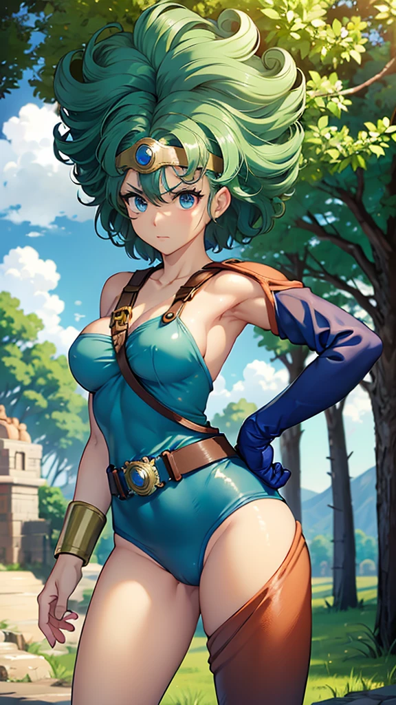 (((SFW、sound、Highest quality、Top notch work、Normal body、、Detailed face、Ultra-precision、Normal hand、のrefer、5refer、Highest)))、beautiful girl、Green Hair、yamato nadeshiko、Small 、Shortcuts、Blue leotard、Muscular、Black paleo skirt、Red Cape、Circlet、Dragon Quest、Female Heroes、 Fight、Fight準備完了、Sweep with a sword、Please put your hands together in front of you.、Place your hands behind your back、Please put your hands on your hips、cover your chest with your hands、((Executed perfectly:Frame yourself from head to toe,Standing posture,Draws in great detail、There is no anatomical problem))、forest