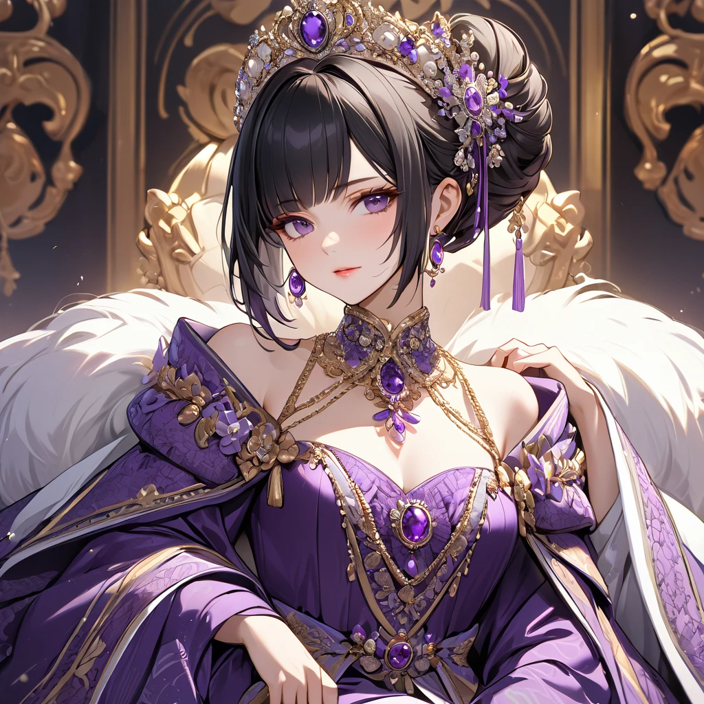 ((Highest quality)), ((masterpiece)), (detailed), （Perfect Face）、The woman is Shinobu Kocho, a Russian with black hair with purple gradient ends, tied in a bob hairstyle, an elegant, graceful and beautiful Russian noblewoman, and the Empress of the Great Russian Empire.、The woman is beautifully dressed in the luxurious and glittering Russian court dress of an ancient Russian empress, adorned with luxurious accessories and kokoshniks.