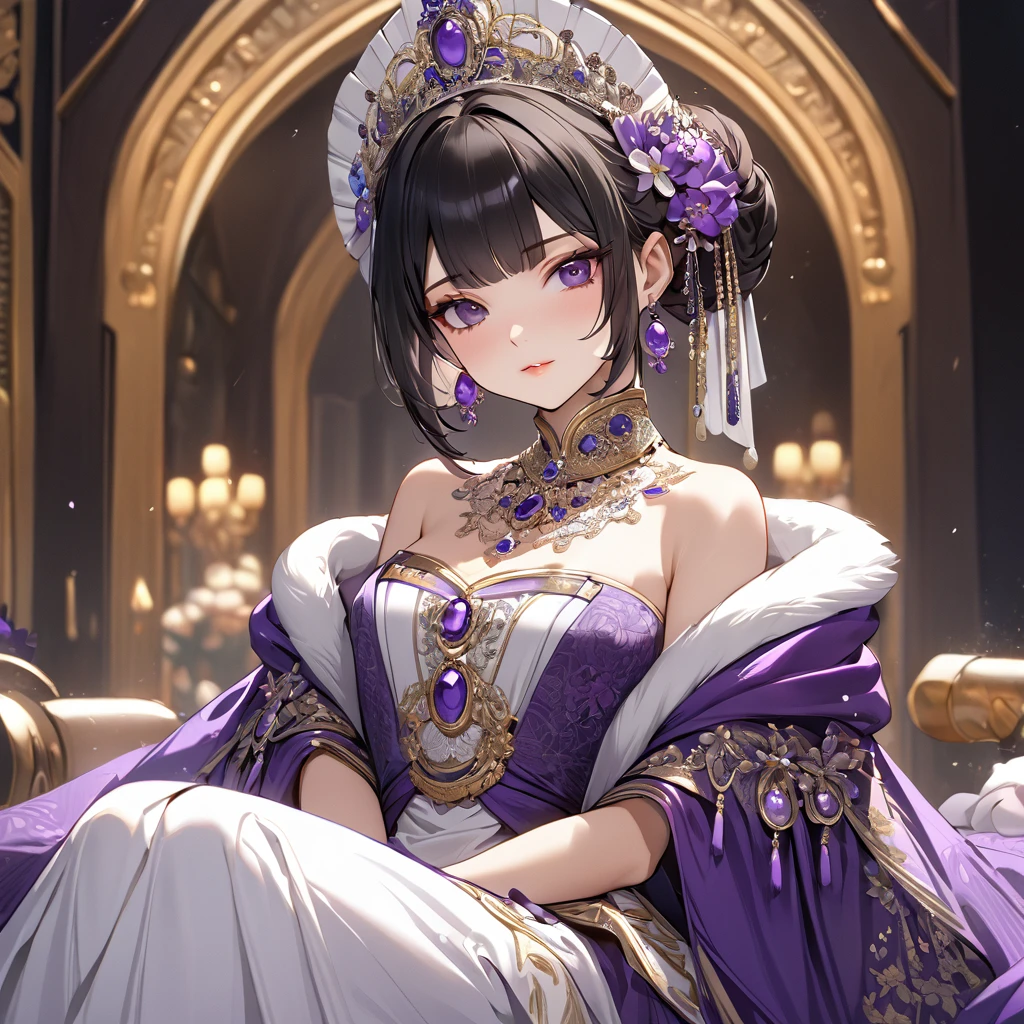 ((Highest quality)), ((masterpiece)), (detailed), （Perfect Face）、The woman is Shinobu Kocho, a Russian with black hair with purple gradient ends, tied in a bob hairstyle, an elegant, graceful and beautiful Russian noblewoman, and the Empress of the Great Russian Empire.、The woman is beautifully dressed in the luxurious and glittering Russian court dress of an ancient Russian empress, adorned with luxurious accessories and kokoshniks.
