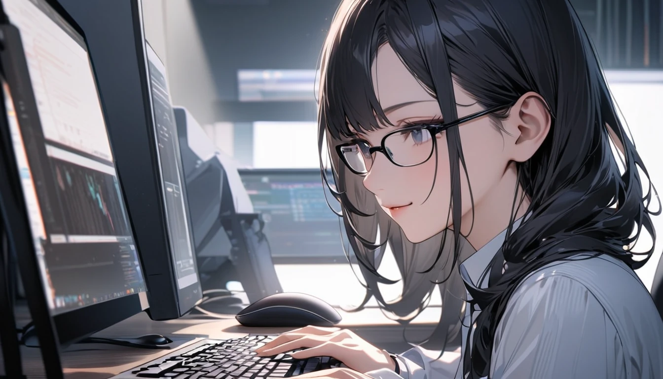 パソコンで仕事をするProfessionalグラマー,Portraiture,Professional,Wearing a smart suit,Stylish glasses,Typing on a sophisticated computer,Use a wireless mouse,Sitting at a modern desk,A soft smile,Soft natural light,High resolution,High resolution,Very detailed.One Woman ,alone, Beautiful black hair ,Undistorted keyboard, focusing