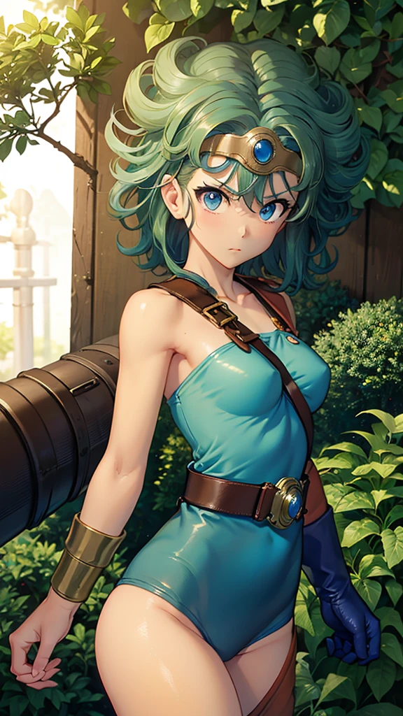 (((SFW、sound、Highest quality、Top notch work、Normal body、、Detailed face、Ultra-precision、Normal hand、のrefer、5refer、Highest)))、beautiful girl、Green Hair、yamato nadeshiko、Small 、Shortcuts、Blue leotard、Muscular、Black paleo skirt、Red Cape、Circlet、Dragon Quest、Female Heroes、 Fight、Fight準備完了、Sweep with a sword、Please put your hands together in front of you.、Place your hands behind your back、Please put your hands on your hips、cover your chest with your hands、((Executed perfectly:Frame yourself from head to toe,Standing posture,Draws in great detail、There is no anatomical problem))、forest