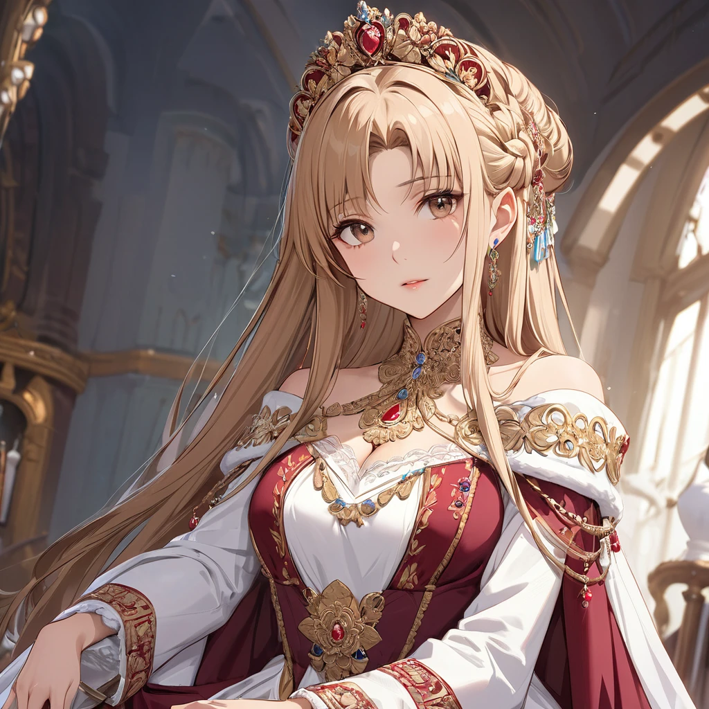 ((Highest quality)), ((masterpiece)), (detailed), （Perfect Face）、The woman is Yuuki Asuna, a Russian with light brown, medium-long hair, an elegant, graceful and beautiful Russian noblewoman, and the Empress of the Great Russian Empire.、The woman is beautifully dressed in the gorgeous and splendid Russian court dress of an ancient Russian empress, with luxurious accessories, and wearing a beautiful and luxurious kokoshnik.