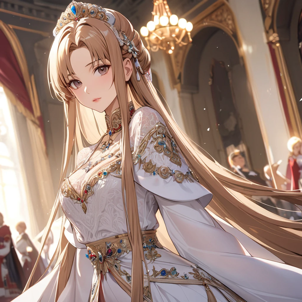 ((Highest quality)), ((masterpiece)), (detailed), （Perfect Face）、The woman is Yuuki Asuna, a Russian with light brown, medium-long hair, an elegant, graceful and beautiful Russian noblewoman, and the Empress of the Great Russian Empire.、The woman is beautifully dressed in the gorgeous and splendid Russian court dress of an ancient Russian empress, with luxurious accessories, and wearing a beautiful and luxurious kokoshnik.