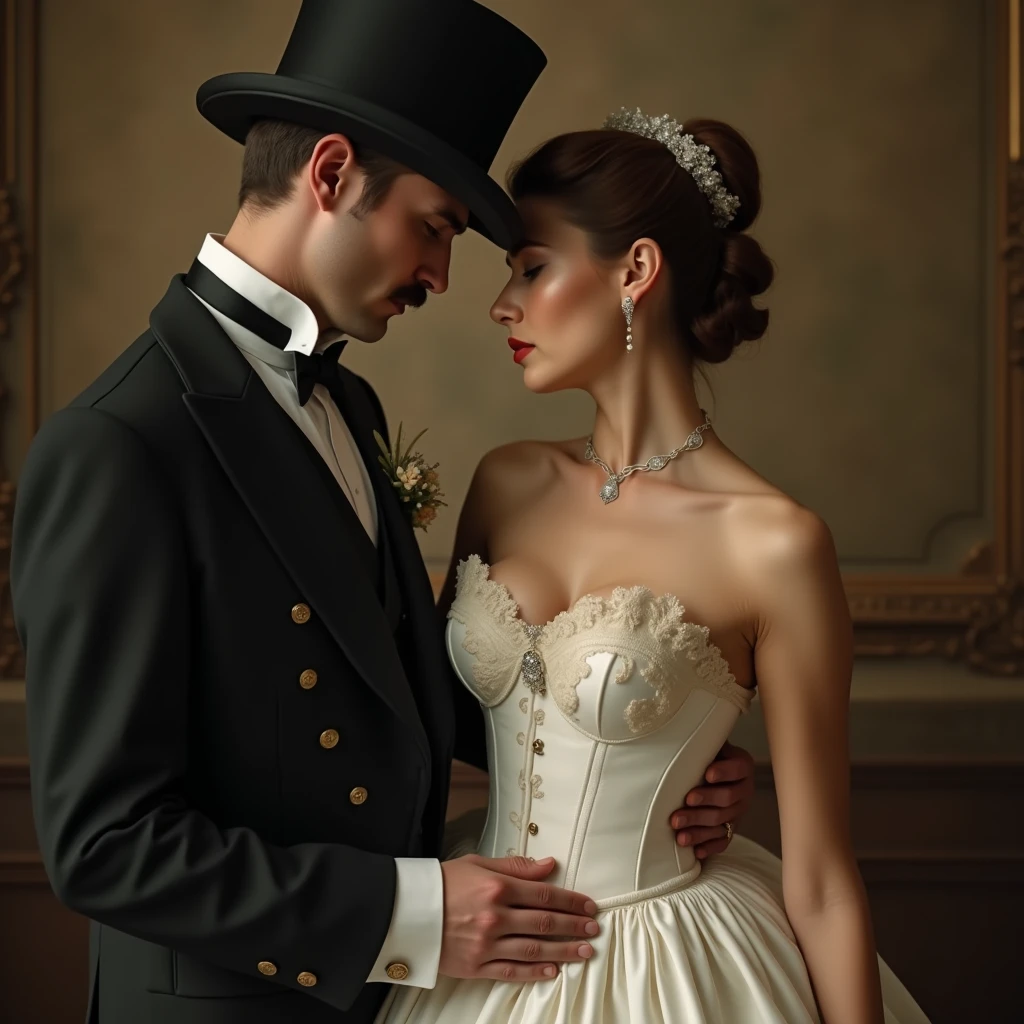 score_9, score_8_up, score_7_up, renaissance, victorian wedding couple, nsfw, uncensored, (husband and wife:1.1), wedding portrait, wedding, victorian suit, top hat, waistcoat, man with moustache, (groping her breasts:1.4), (lifting dress:1.5), (exposed innie pussy:1.5), bride (sophie mudd:madi teeuws:taylor swift:0.5) wearing a white topless bridal corset, exposed large breasts, realistic art. medium shot, 1800s film quality, sepia and white, sepia tones, antiquated, quite revealing, perfect puffy areolas, retrousse , best pussy, best quality, masterpiece, highest resolution, best most detailed face, best perfect eyes, best intricately detailed image, best sharp focus, most real, so real the viewer cannot tell it is a photo, best facial focus, best lighting, best shadow, best light reflections, every single hair visible, beautiful, gorgeous, cute