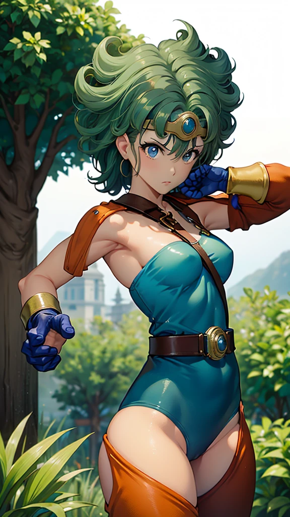 （（（ＳＦＷ、sound、Highest quality、Top notch work、Normal body、、Detailed face、Ultra-precision、Normal hand、のrefer、５refer、Highest）））、beautiful girl、Green Hair、yamato nadeshiko、Small breasts、Shortcuts、Blue leotard、Muscular、Black paleo skirt、Red Cape、Circlet、Dragon Quest、Female Heroes、 Fight、Fight準備完了、Sweep with a sword、Please put your hands together in front of you.、Place your hands behind your back、Please put your hands on your hips、cover your chest with your hands、((Executed perfectly:Frame yourself from head to toe,Standing posture,Draws in great detail、There is no anatomical problem))、forest