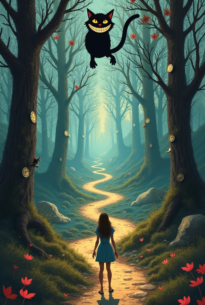 Create a scene inspired by 'Alice in Wonderland,' but with a deeper, more philosophical tone. Alice is depicted standing at a crossroads, with multiple winding paths leading into an abstract, ever-shifting landscape. Each path represents a different philosophical concept—one may be lined with mirrors reflecting endless versions of Alice, symbolizing identity and self-perception; another path could be overgrown with vines of clock faces, representing the fluidity and illusion of time. The Cheshire Cat is perched above, grinning with an air of knowing ambiguity, his eyes glowing with a wisdom beyond comprehension. The color palette should be both vibrant and muted, blending surrealism with a sense of existential curiosity. The entire scene should evoke a feeling of contemplation, where every element invites Alice—and the viewer—to ponder deeper questions about reality, choice, and existence.
