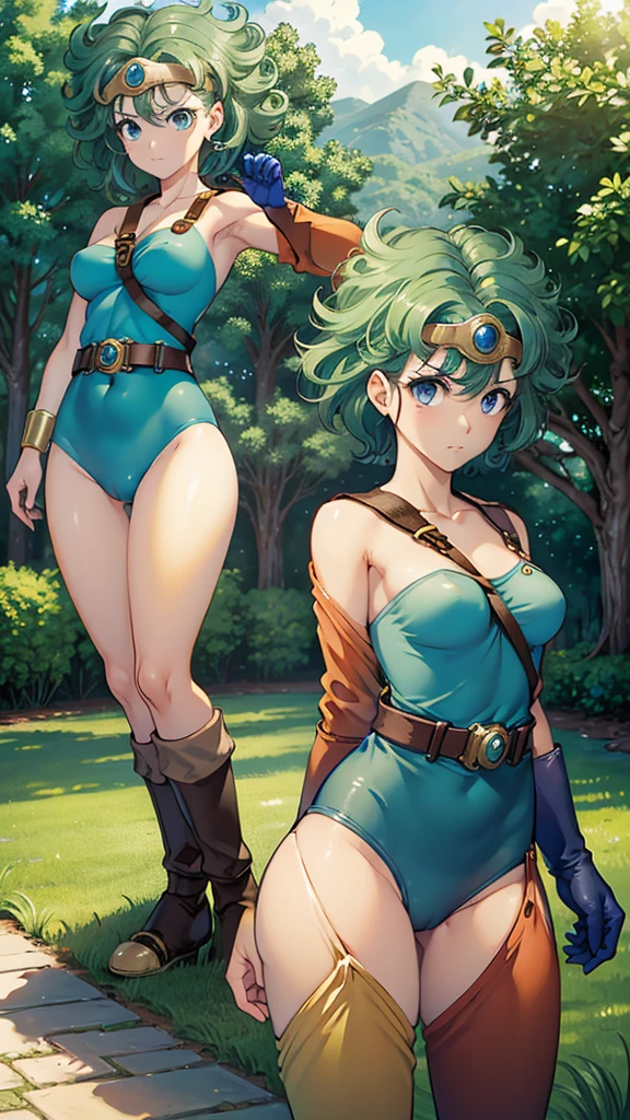 (((SFW、sound、Highest quality、Top notch work、Normal body、、Detailed face、Ultra-precision、Normal hand、のrefer、5refer、Highest)))、beautiful girl、Green Hair、yamato nadeshiko、Small breasts、Shortcuts、Blue leotard、Muscular、Black paleo skirt、Red Cape、Circlet、Dragon Quest、Female Heroes、 Fight、Fight準備完了、Sweep with a sword、Please put your hands together in front of you.、Place your hands behind your back、Please put your hands on your hips、cover your chest with your hands、((Executed perfectly:Frame yourself from head to toe,Standing posture,Draws in great detail、There is no anatomical problem))、forest