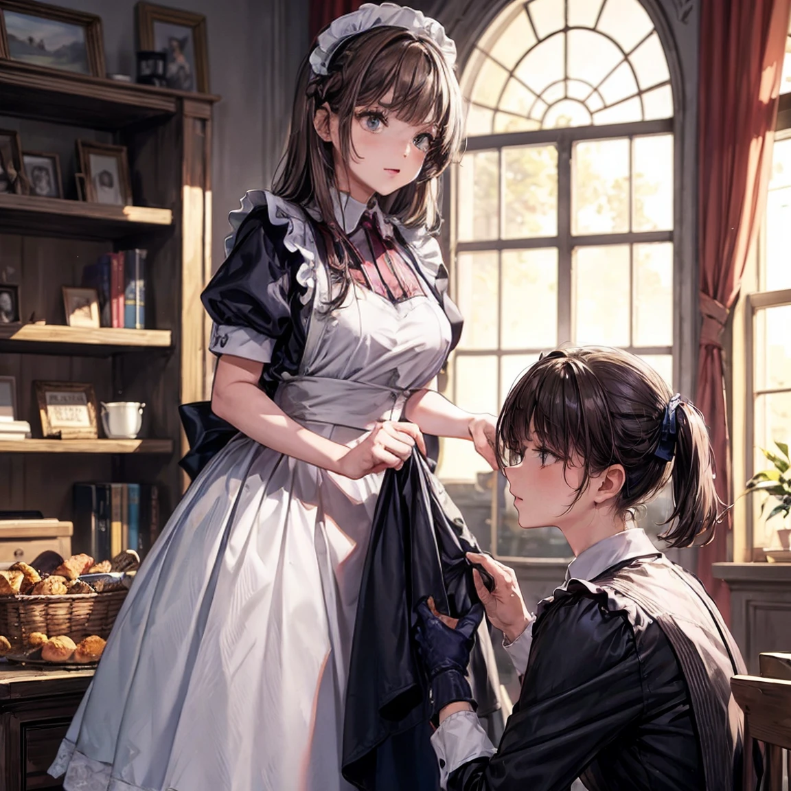 A woman is wearing a maid's uniform and standing backwards on the floor, alone, ((Stick your ass out here)), (shiny dark pink satin panties:1.3), Lift up the skirt with both hands and flip it up, Punishing