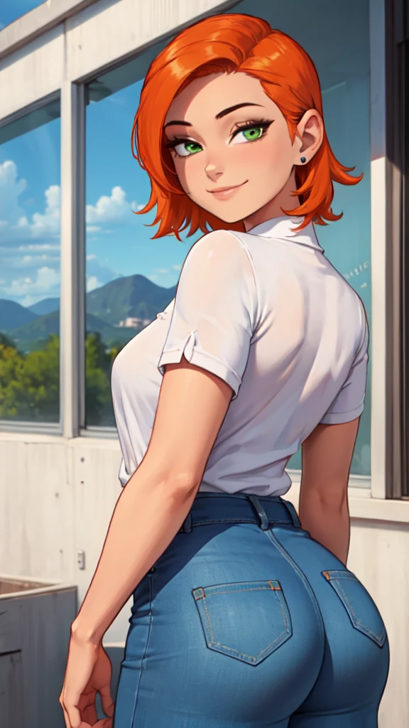 1 girl,(solo), (masterpiece:1.2), (high quality:1.0),looking at viewer, (ultra detailed),smile,short orange hair, green eyes, Gwen Tennyson,  white blouse, wearing blue Jean skirt,  curvy, from behind,