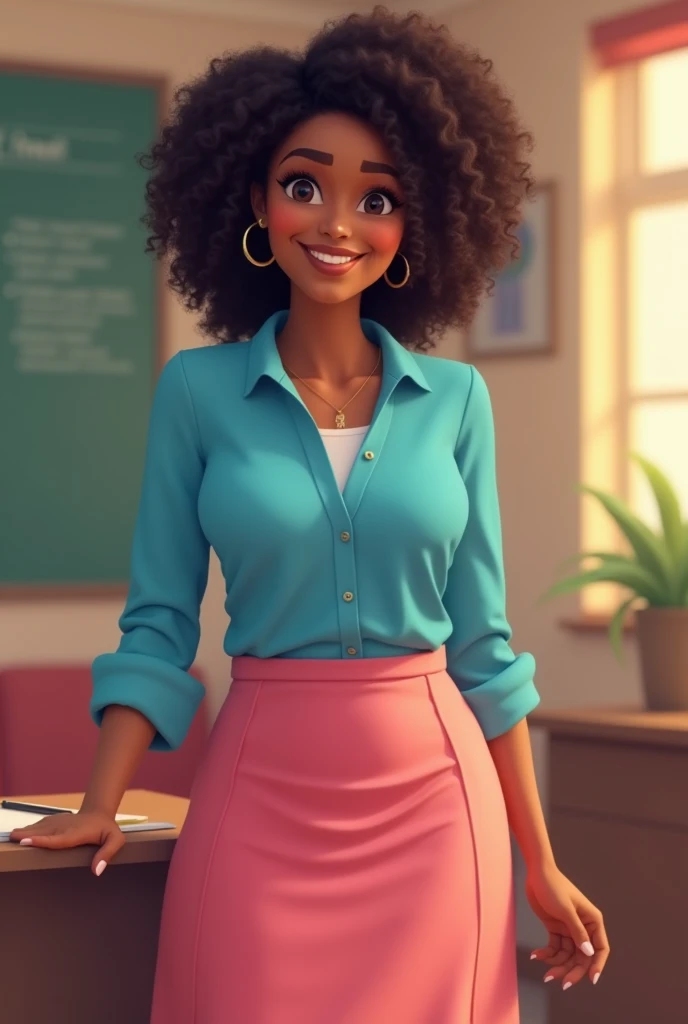 A girl, teacher, black skin, with curls, big body, with a pink skirt and blue blouse.