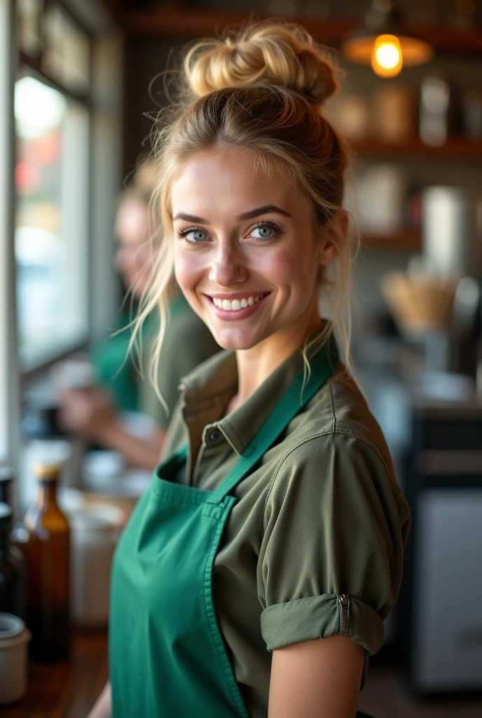 beautiful girl, blonde hair in a bun, barista, green apron, caucasian, blue eyes,
