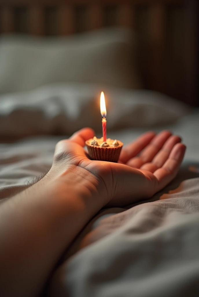 I want you to take a picture of a young man&#39;s arm with a small birthday cake and a 26th birthday candle against the backdrop of his room.. But I want the photo to be from the position or perspective that only the arm is seen and not the person..



