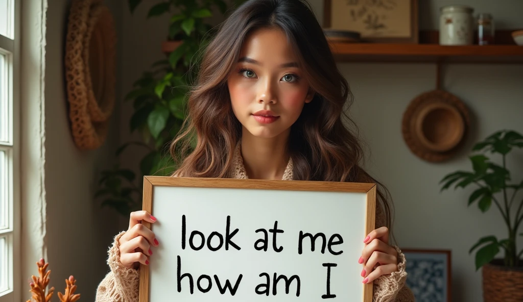 Beautiful girl with long wavy hair, bohemian dress, holding a white board with the text "look at me how am I" and showing it to the viewer, blue eyes, round face, adult , décor house