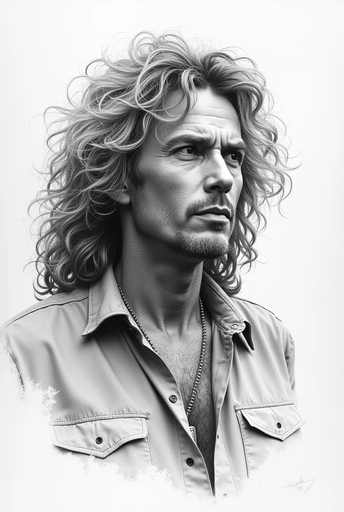 draw Robert Plant at the beginning of his career with his band symbol