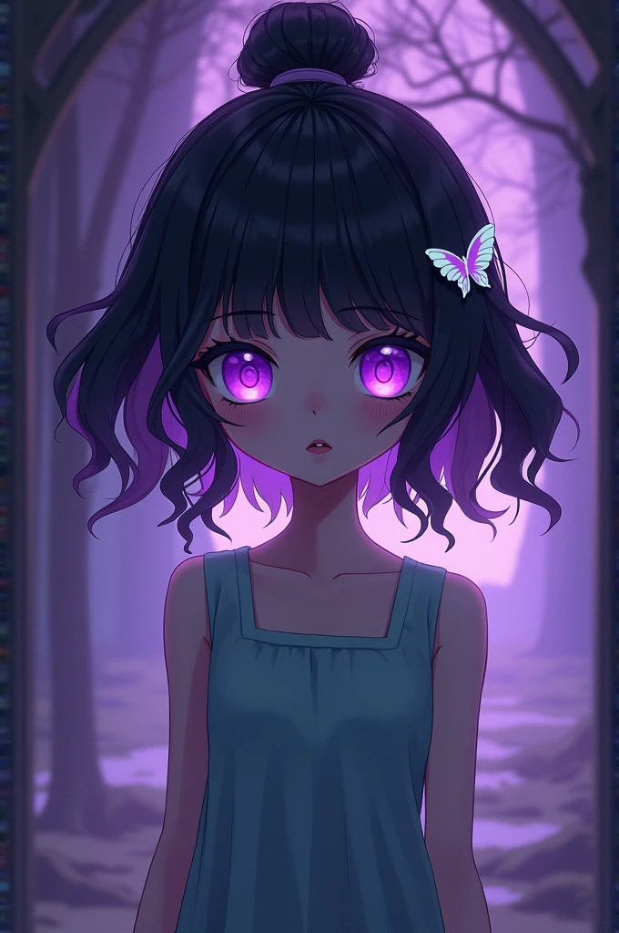 A young girl named Shinobu is a young girl with a slender build., and a pale complexion and large, compound eyes that lack and go to the house of the damnedpilas, just a purple gradient mist, making their eyes look similar to those of insects. She has black wavy hair that fades to dark purple., stylized on the back of his head in a flat Yakai-Maki bun, attached with a white butterfly ornament, turquoise and light purple. She has voluminous curtain bangs, at ear height, that flows down to frame the sides of your face, with two slightly thinner strands of hair in front of their ears below them