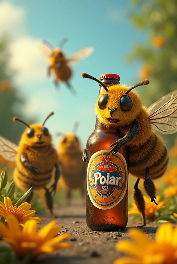 Bees with bottles of beer from the Venezuelan brand Polar.