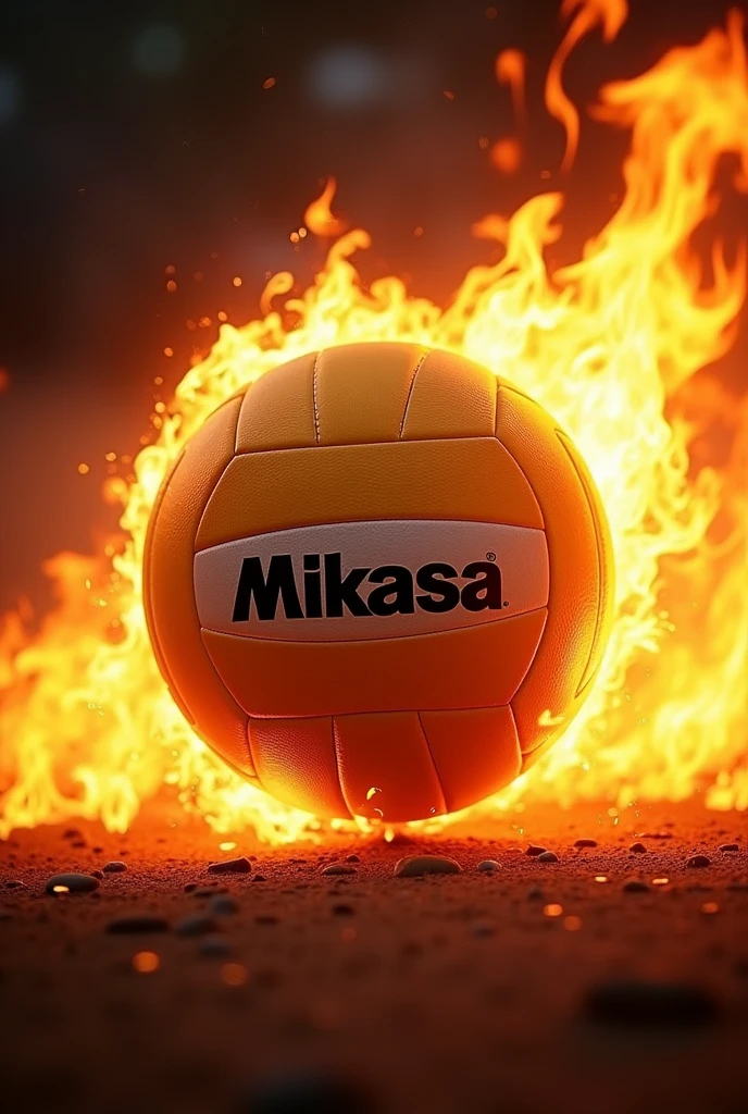 Image of a Mikasa volleyball on fire background With the phrase control of friends' volleyball in the top center of the image
