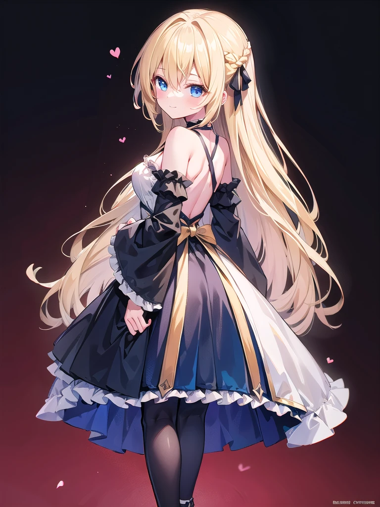 ultra detailed, masterpiece, best quality, solo, soft smile, light smile, 
1girl, blue eyes, very long hair, blonde hair, long blonde hair, french braid, bangs, medium breasts,
hair ribbon, frilled choker, criss-cross halter, sleeveless dress, high-waist skirt, backless dress, waist bow, detached sleeves, frilled sleeves, wide sleeves, pantyhose, patterned legwear, mary janes, watercolor, lineart, rough sketch, RGB, chromatic aberration,